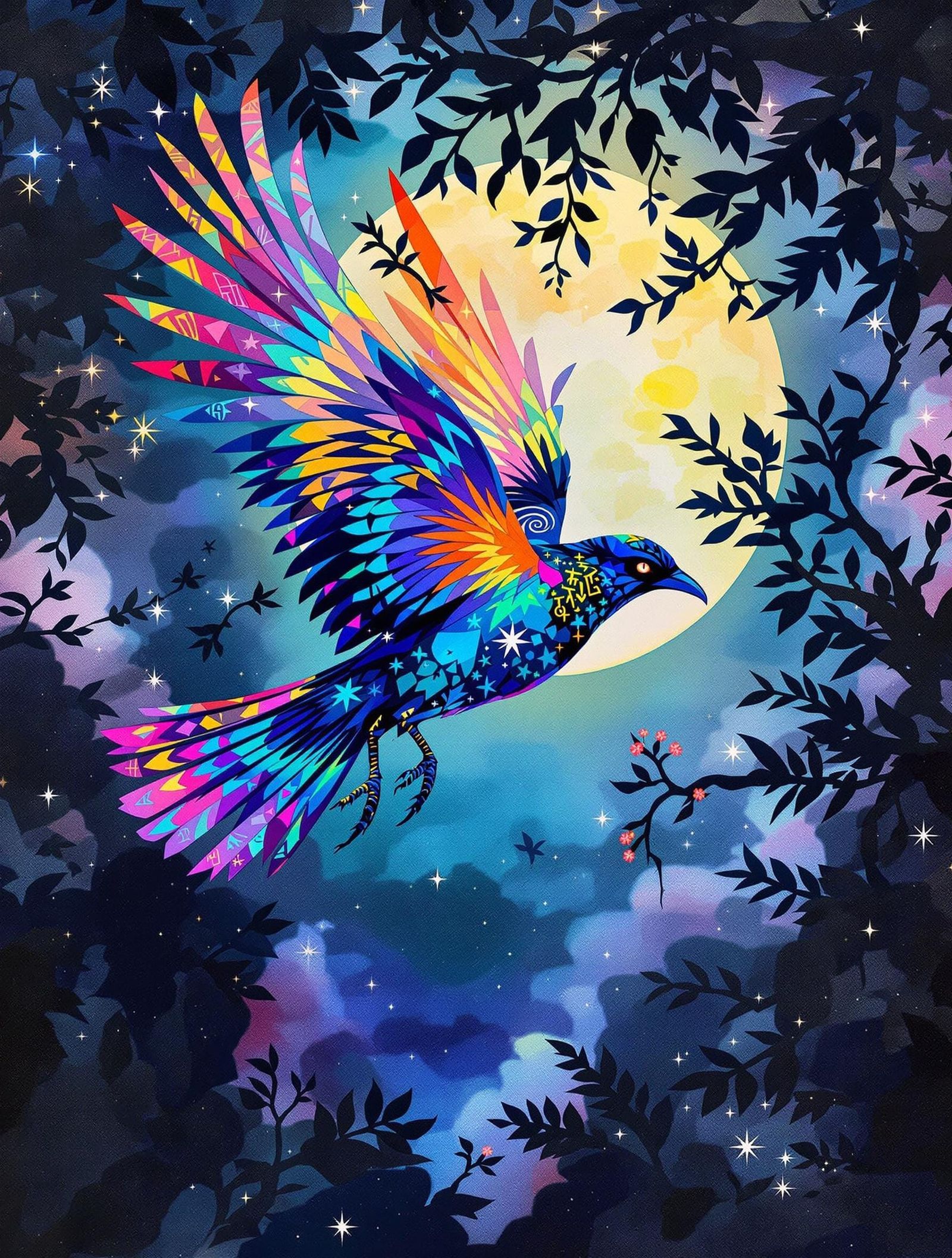 Mythic Nightjar in Vibrant, Hand-Cut Paper Collage