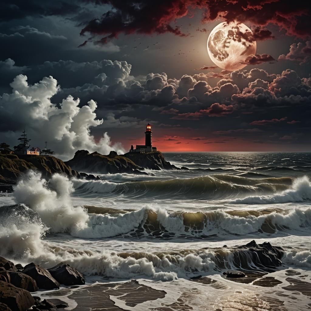 Dramatic Seascape with Moonlit Clouds