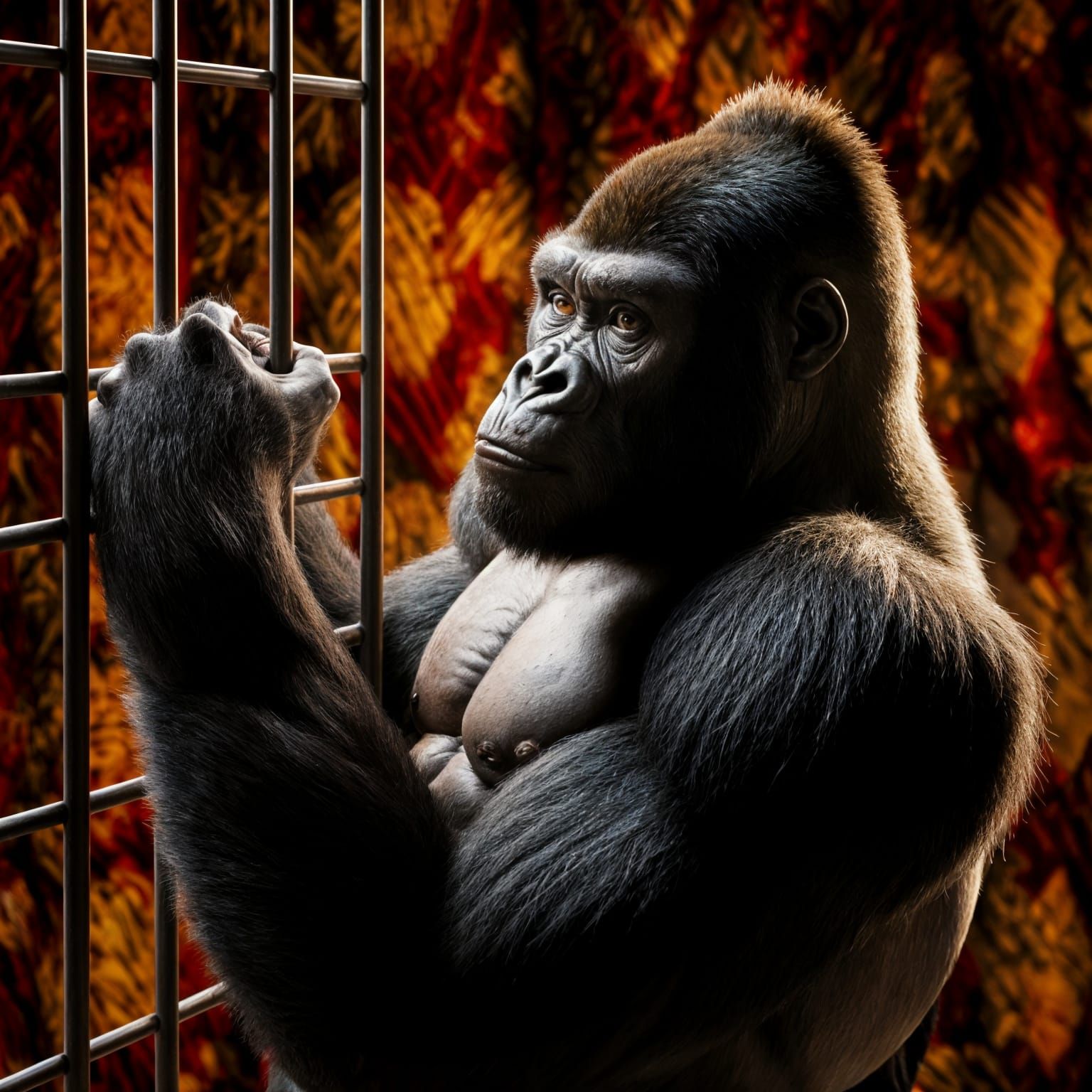 Powerful Gorilla Gripping Cage Bars in Realistic Style