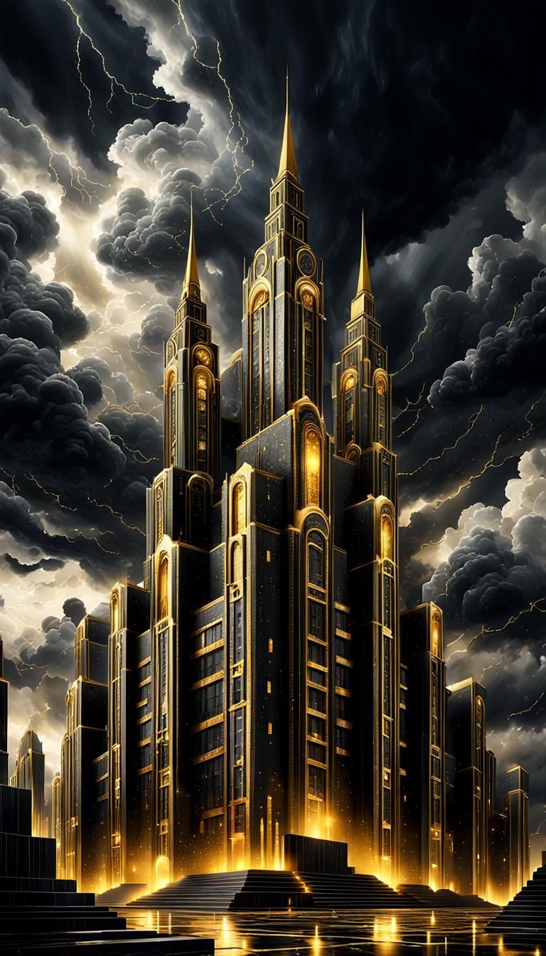Golden Towers in Art-Deco Style Under Stormy Sky