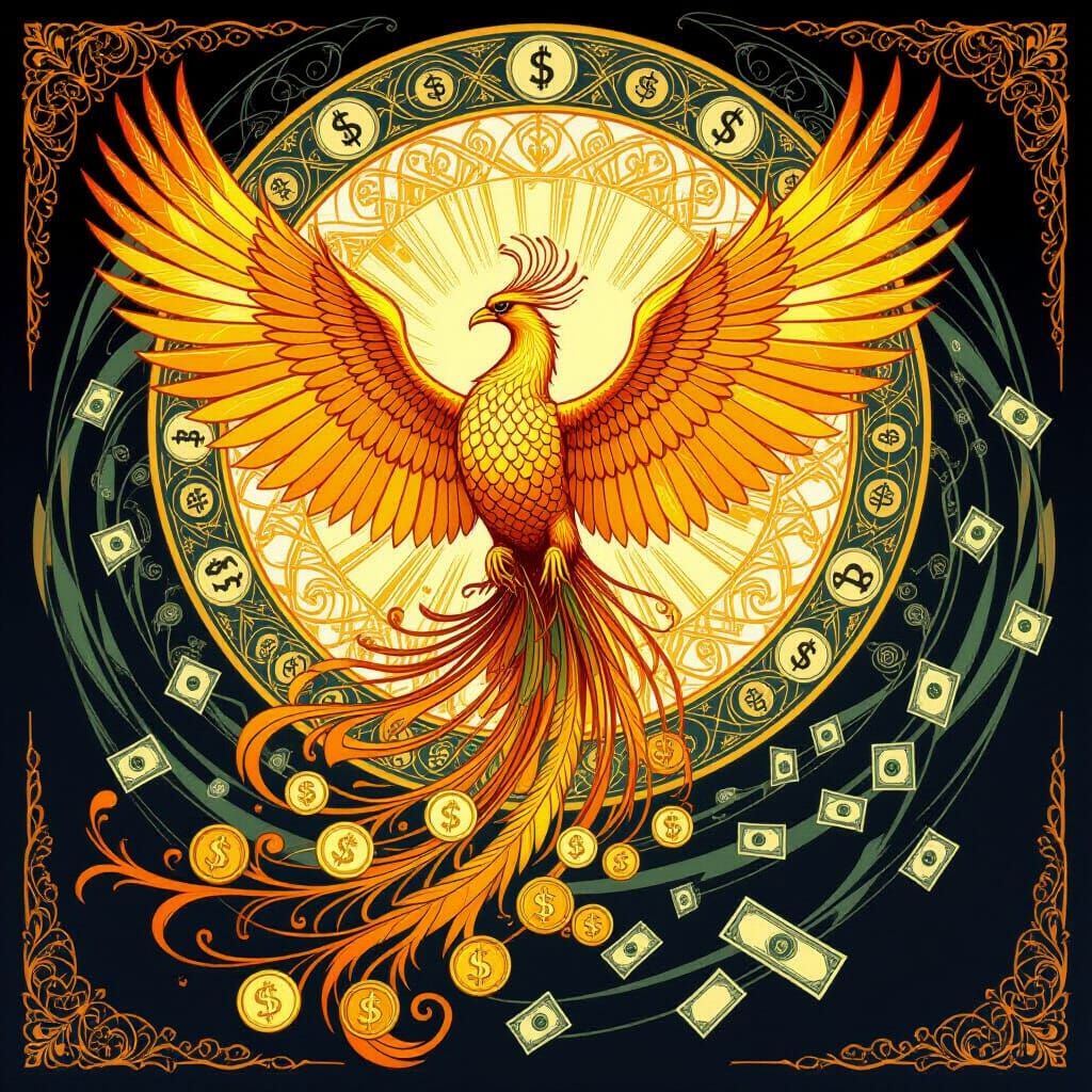 Majestic Phoenix Rises from Ashes in Art Nouveau Style