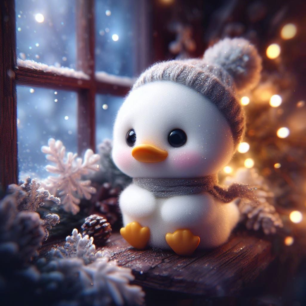 Adorable Chibi Duckling in Magical Winter Scene