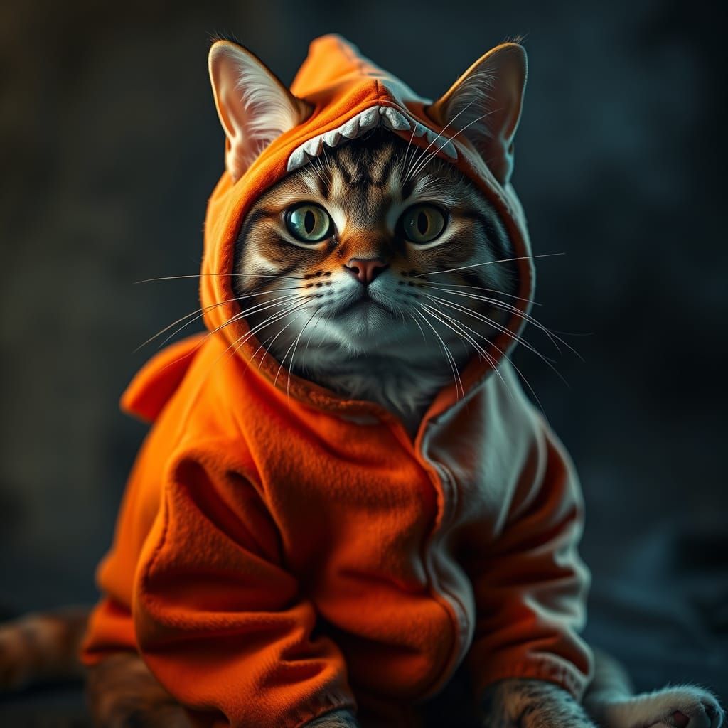 Regal Cat in Shark Onesie, Moody Atmosphere
