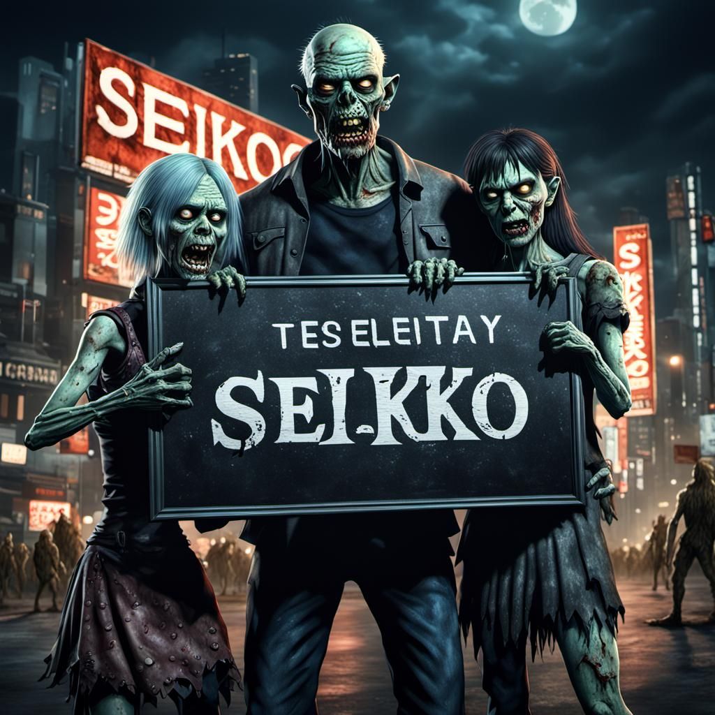 Dark Fantasy Zombie Couple Holding Seiko Sign