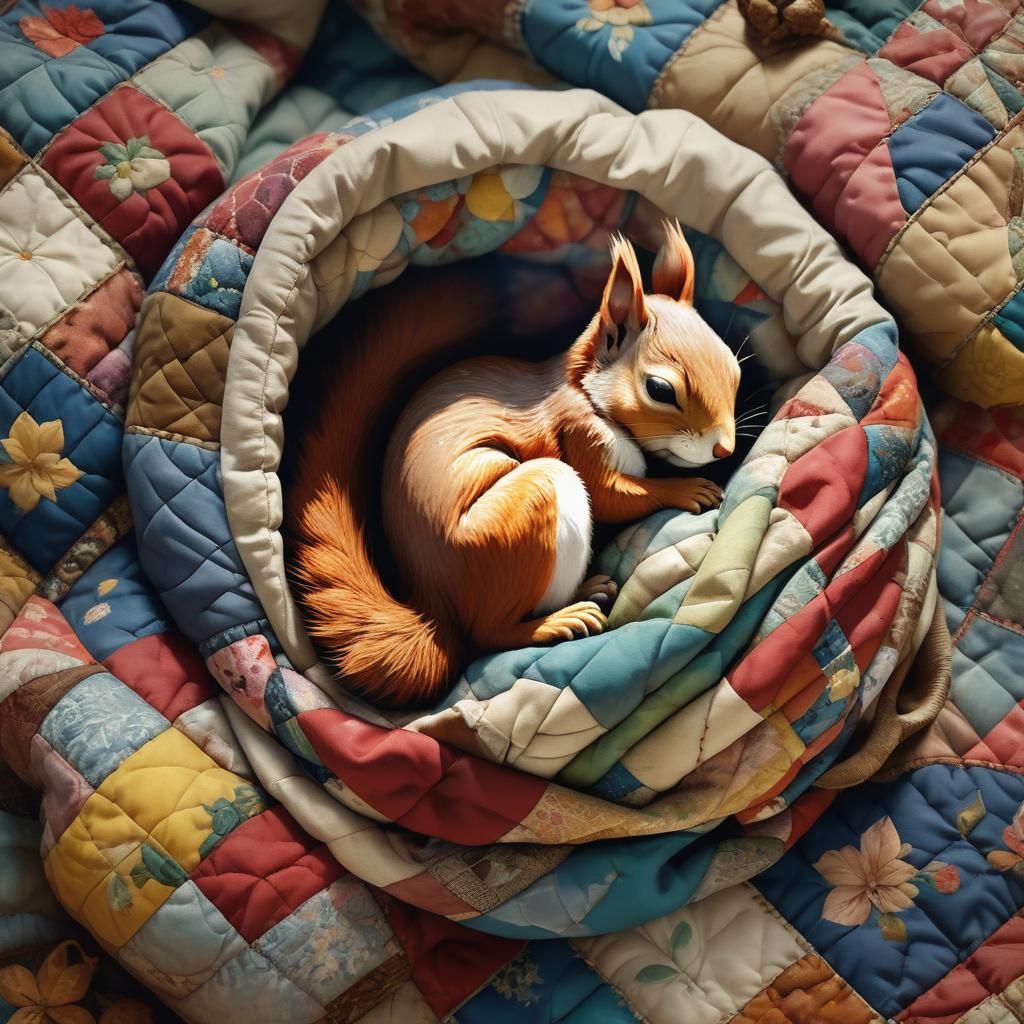 Squirrel Sleeps in Vintage Quilts, Encaustic Matte Painting