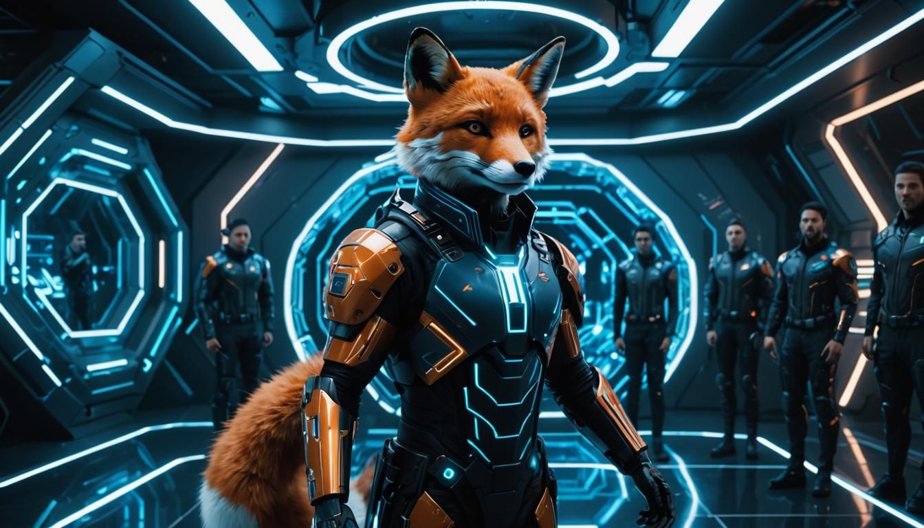 Cyberpunk Commander Fox Hologram in High-Tech HQ