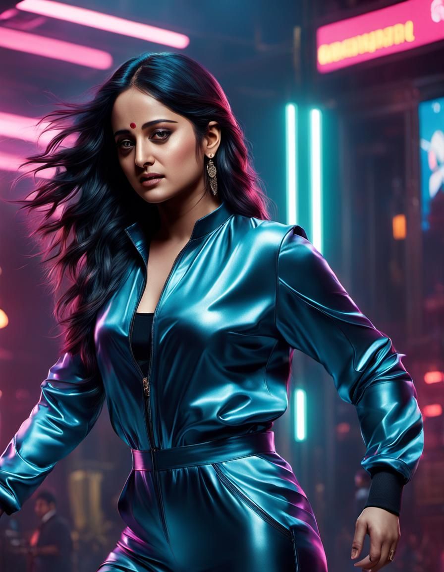 Curvy Indian Woman in Cyberpunk Neon Jumpsuit