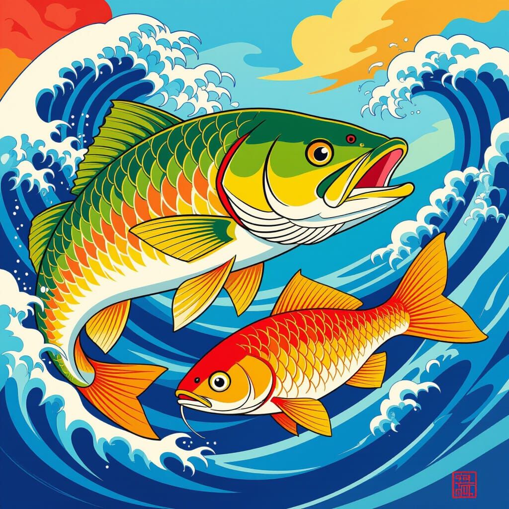 Anime Pike and Carp: Predator and Prey in Vibrant Style