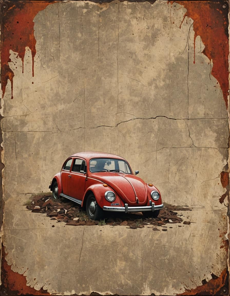 Vintage Red VW Beetle Poster in Rustic Style