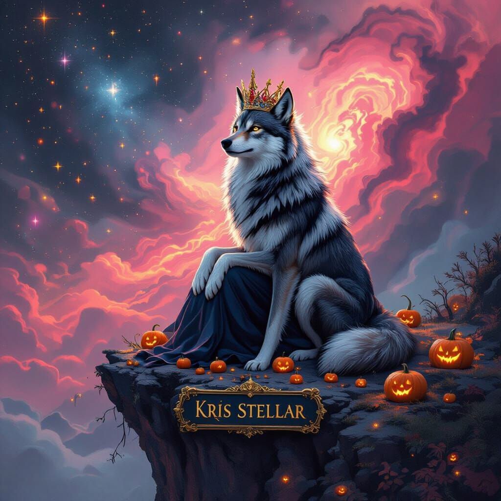 Regal Wolf Queen in Cosmic Realm with Pumpkin Stars