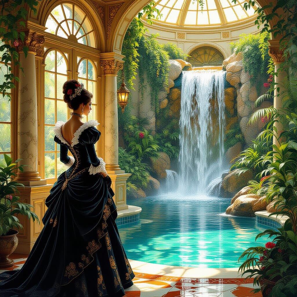 Victorian Queen in Sunroom with Waterfall, Fantasy Oil Paint...