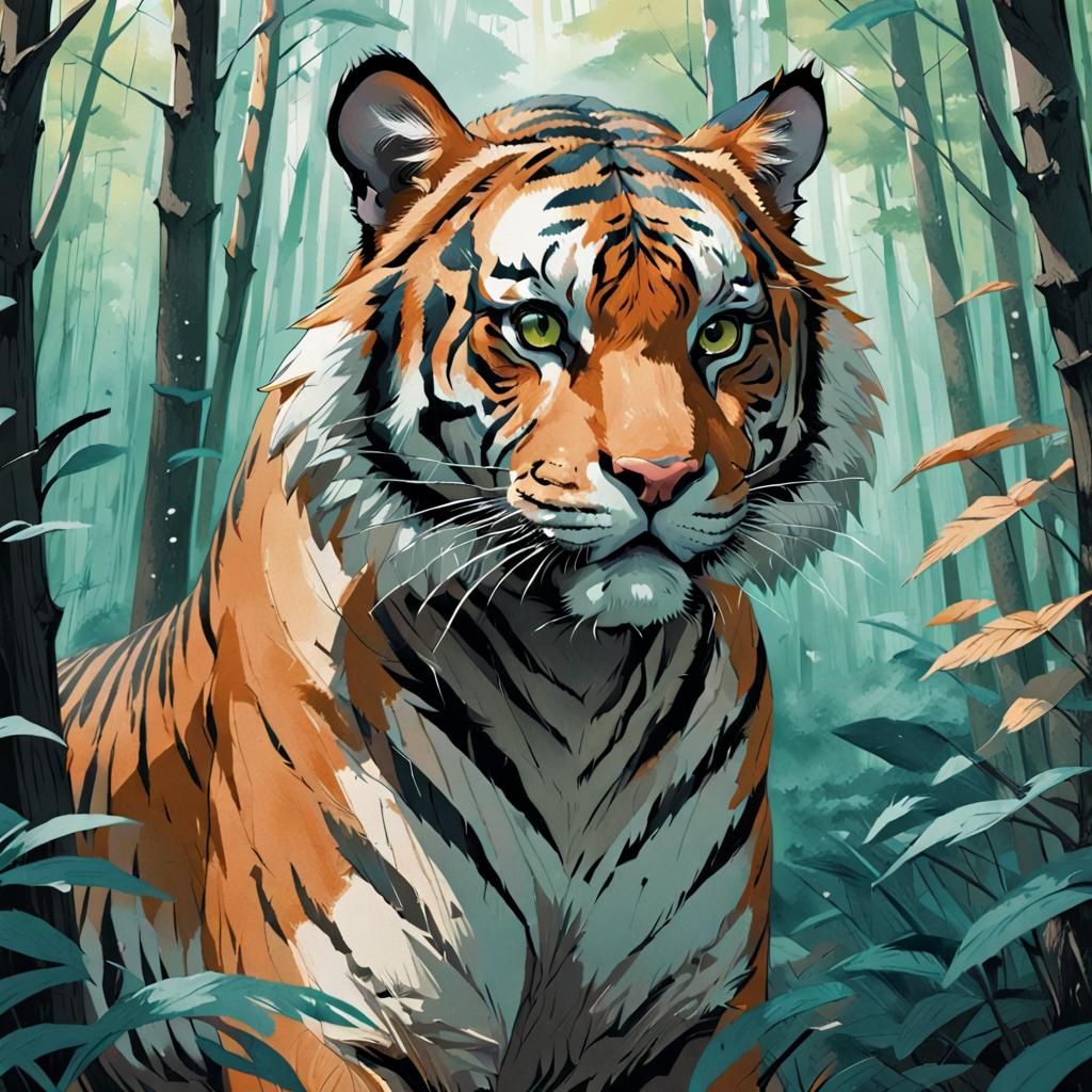 Manga Tiger Portrait in Forest with Pastel Colors