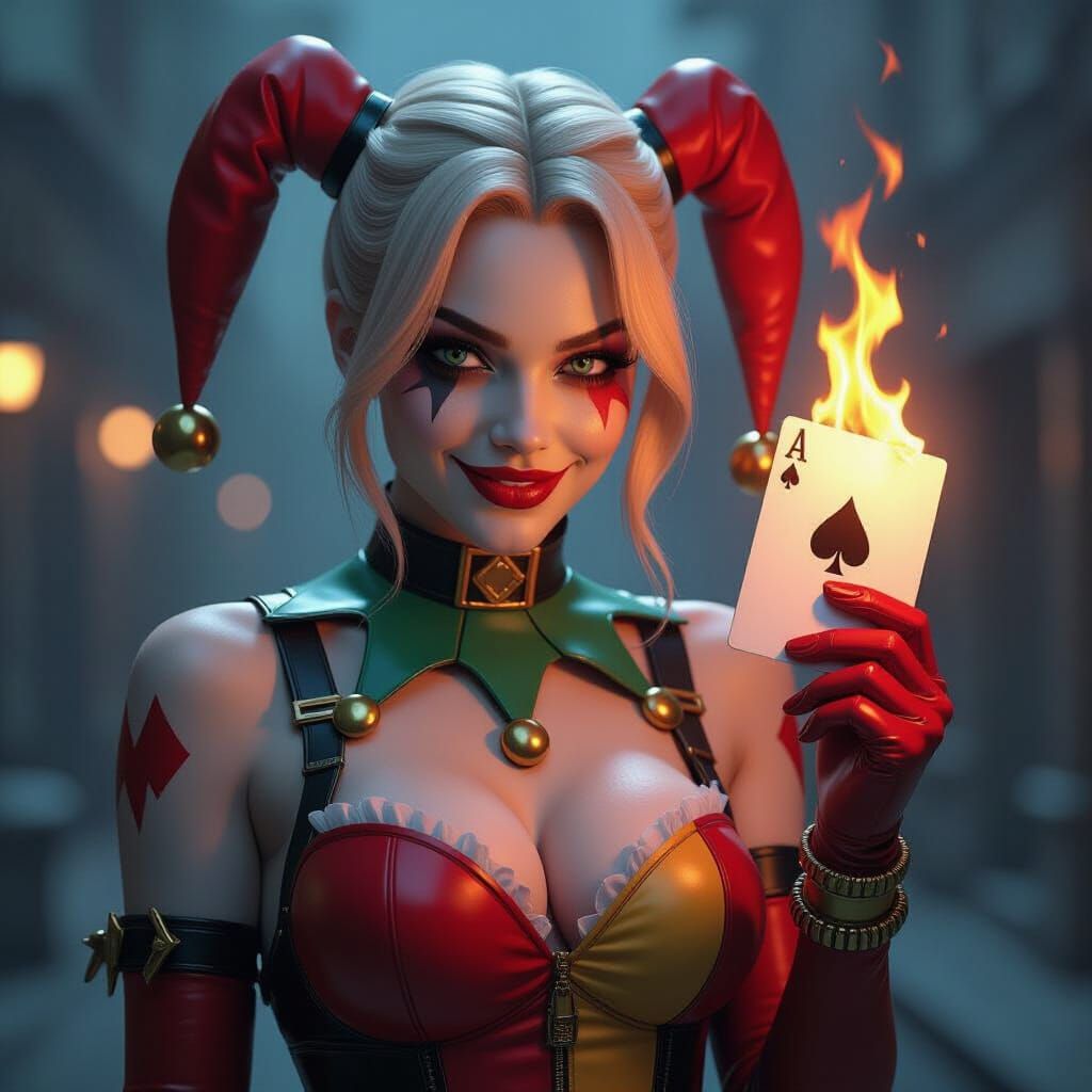 Harley Quinn Holding Flaming Card in Hyper-Realistic 8K Styl...