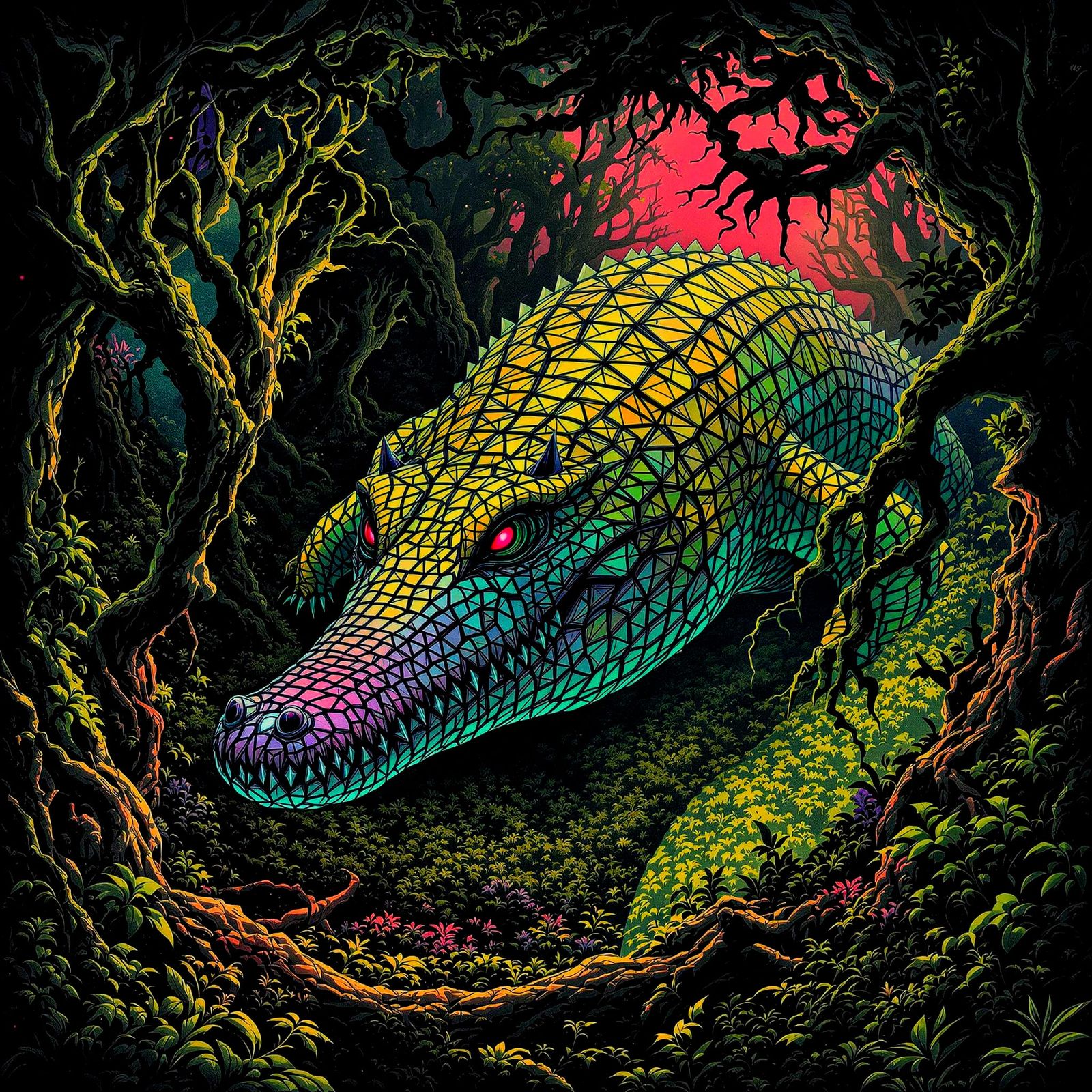 Colossal Crocodilian Emerges from Bioluminescent Forest