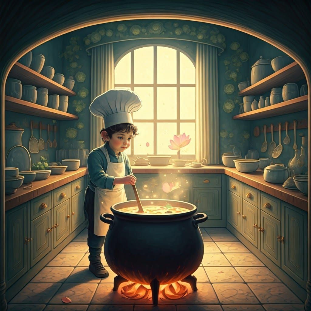 Young Hasidic Boy in Whimsical Watercolor Kitchen