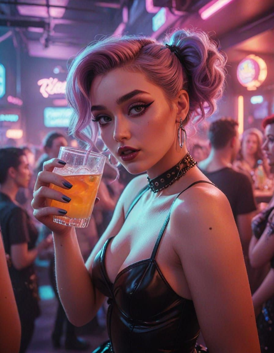Pastel Goth Femme Fatale in Neon-Lit Cyberpunk Nightclub