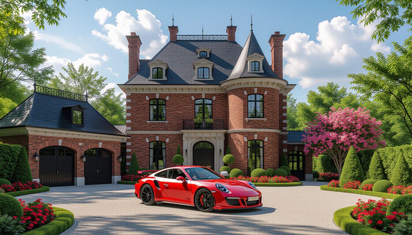 Victorian Chateau with Red Porsche 911