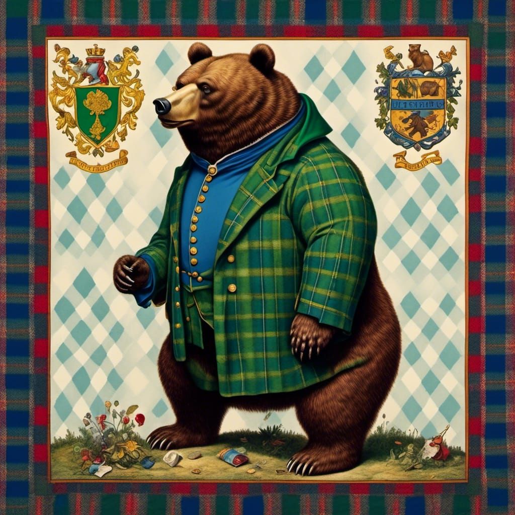 Plaid Bear Silhouette with Ancient Family Crest