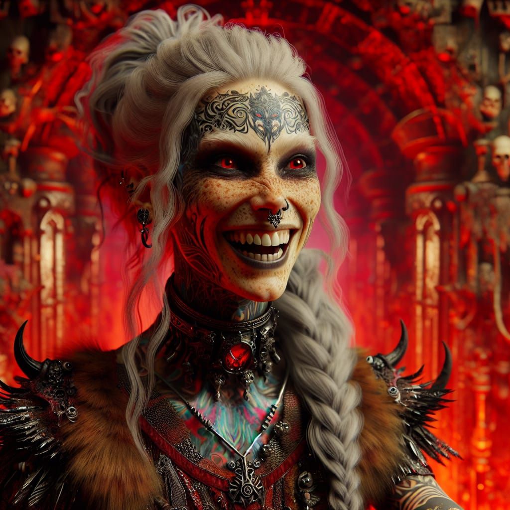 Demonic Woman with Red Eyes in Hellish Room