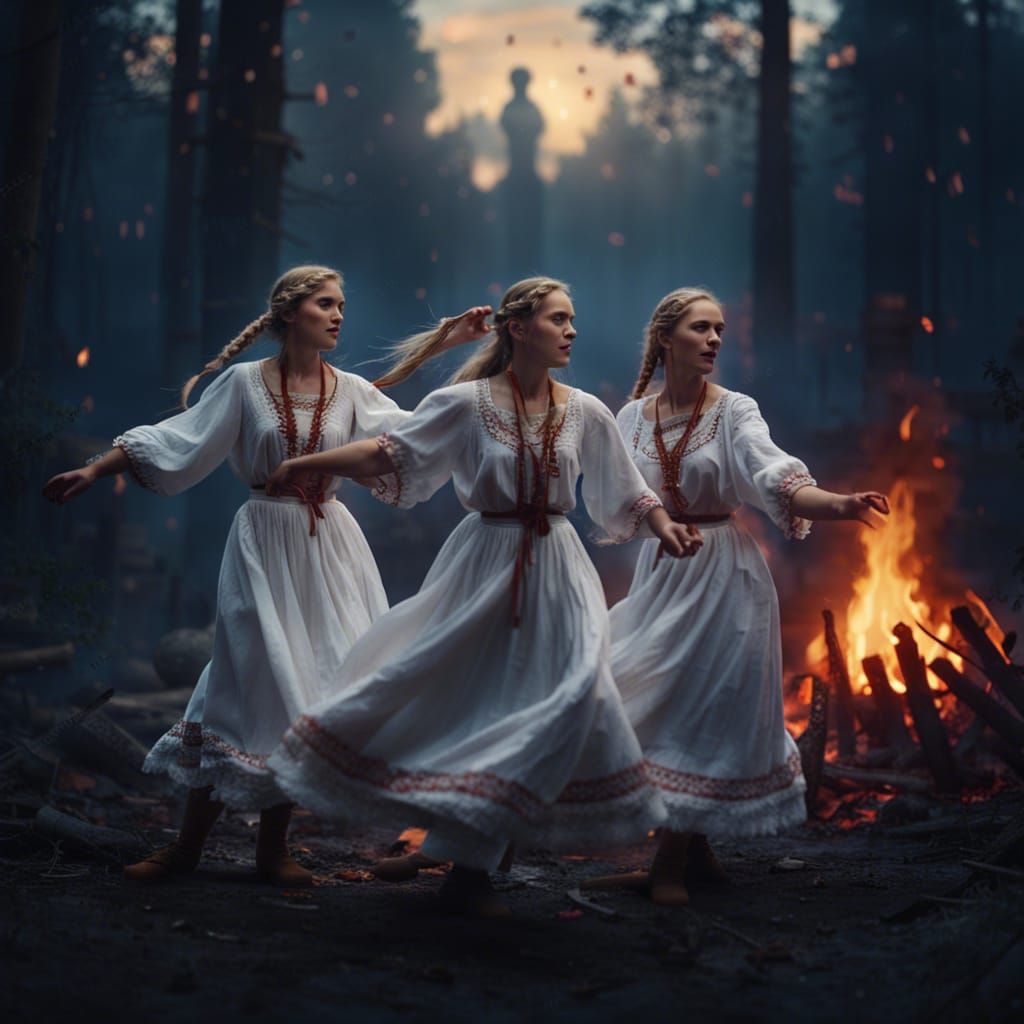 Slavic Girls Dancing Around Bonfire, Fantasy Concept Art
