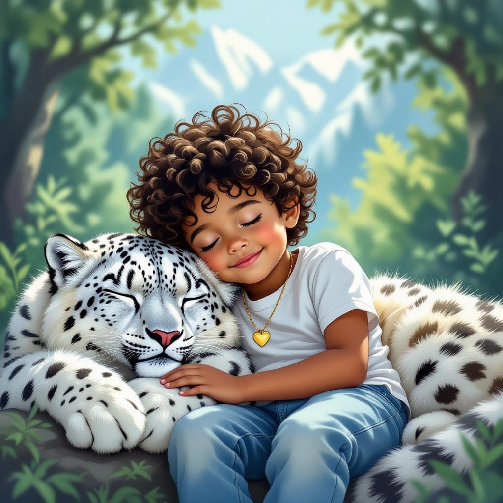 Boy and Snow Leopard in Magical Monochrome Landscape