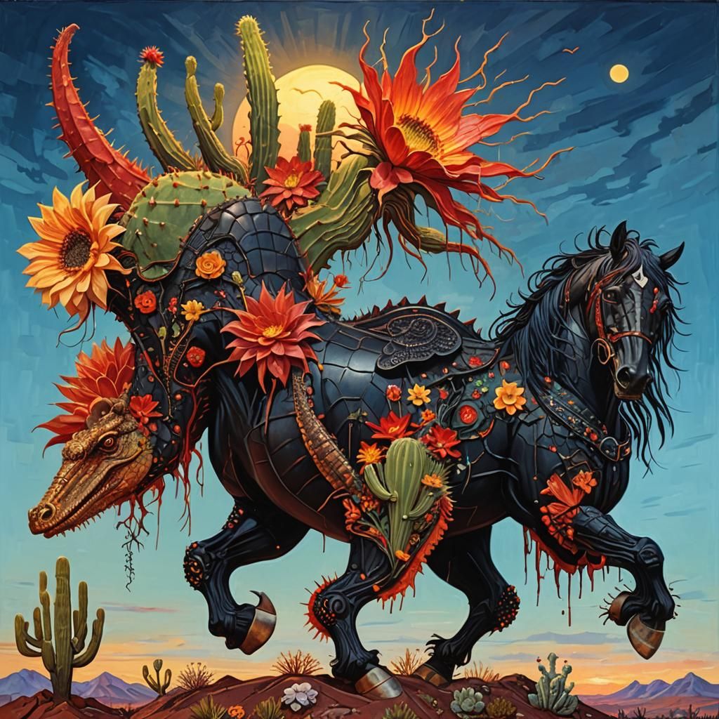 Surreal Black Horse Crocodile Eagle Emerges from Sunset Land...