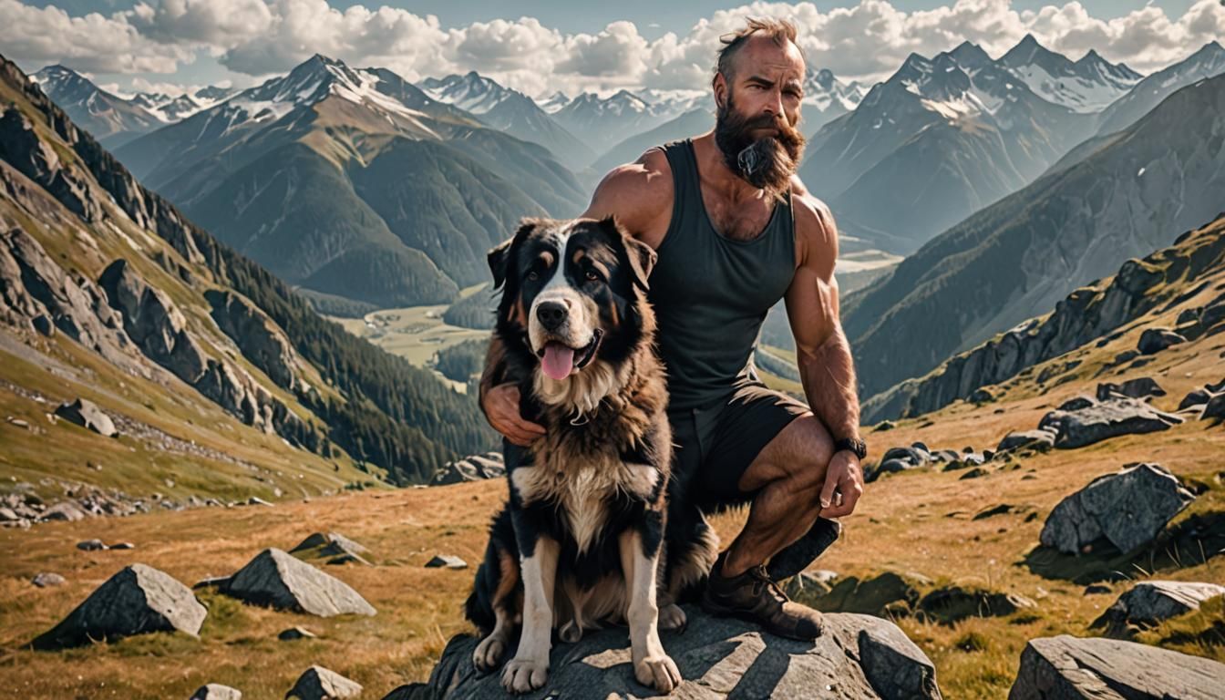 Mountain Dog with Muscular Master in Landscape