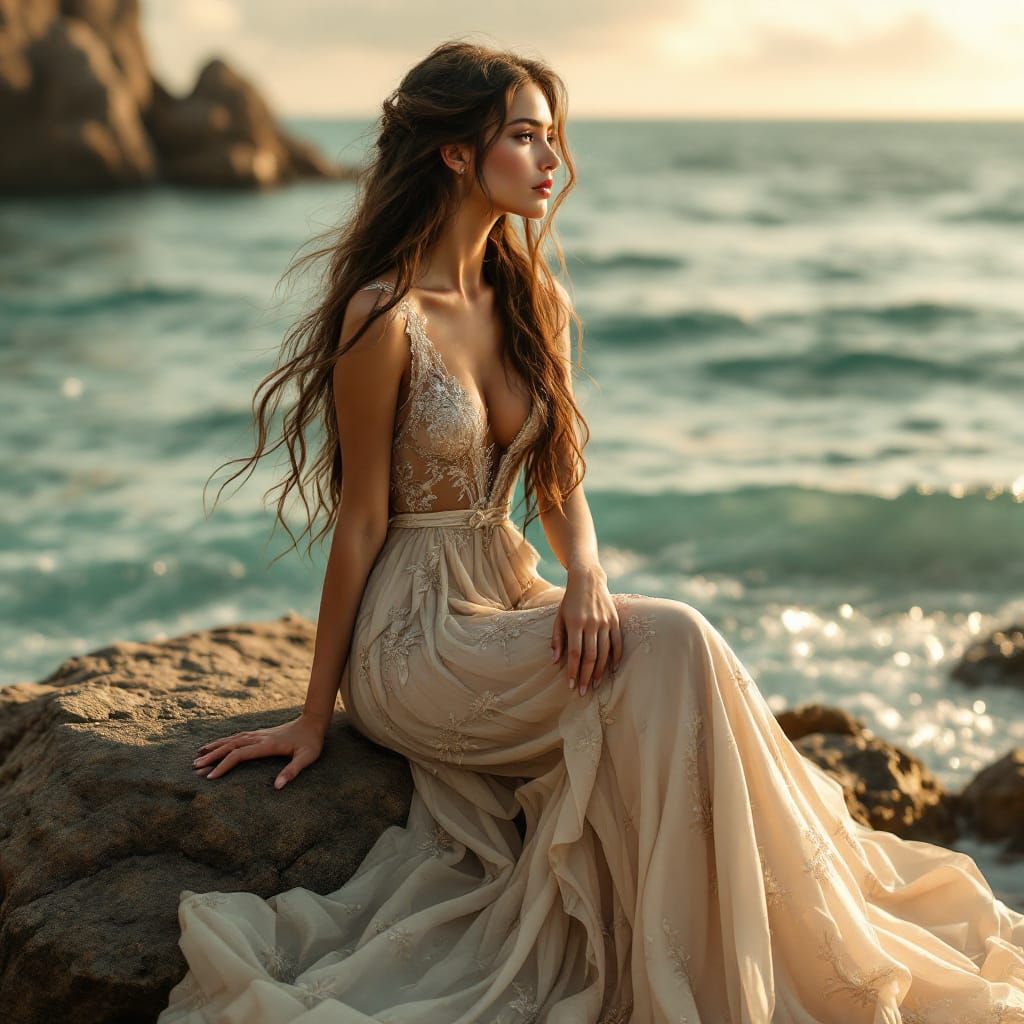 Elegant Woman by the Sea in Dreamy Style
