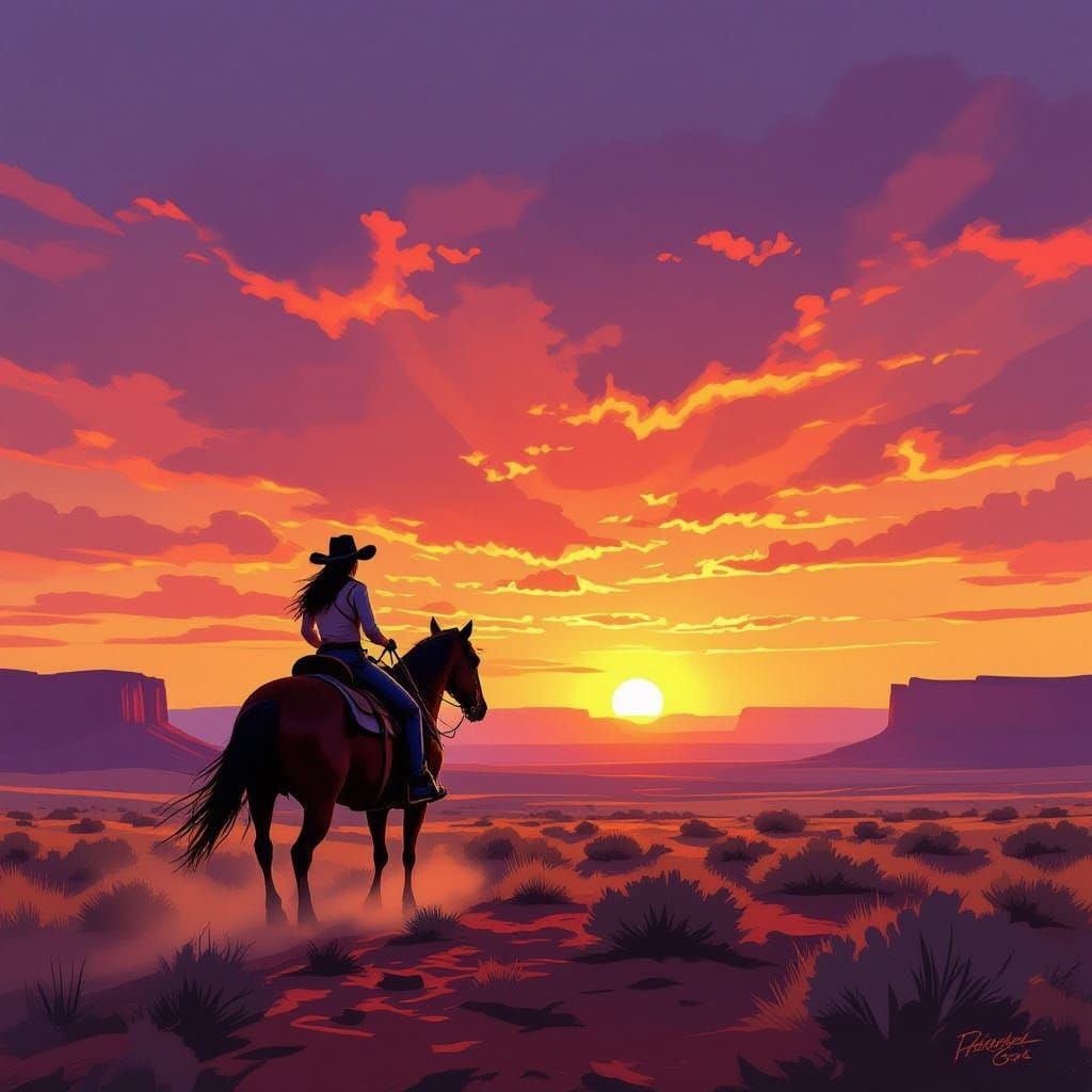 Cowgirl Silhouette in Fiery Western Sunset