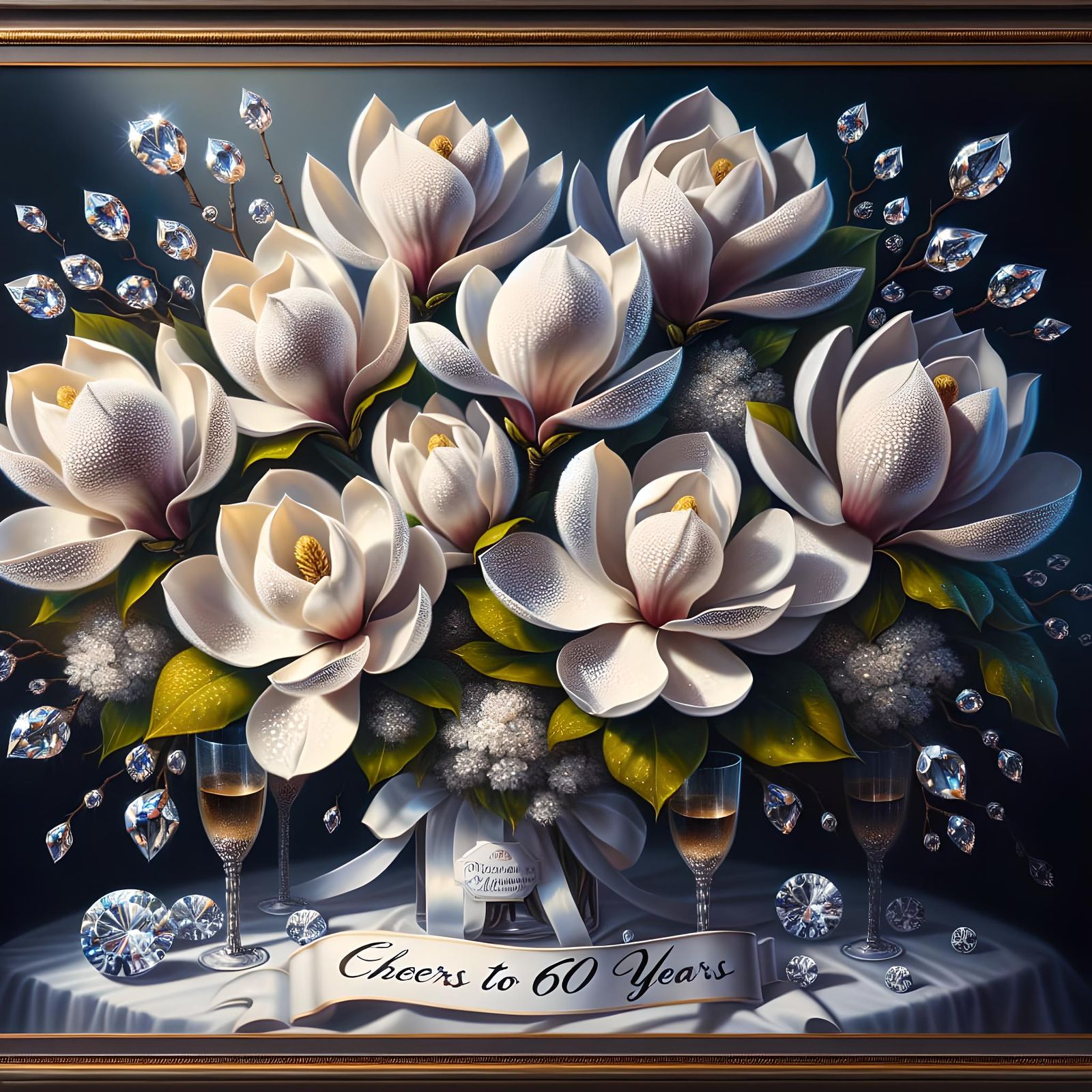 Magnolia Bouquet with Diamonds in Oil Painting Style