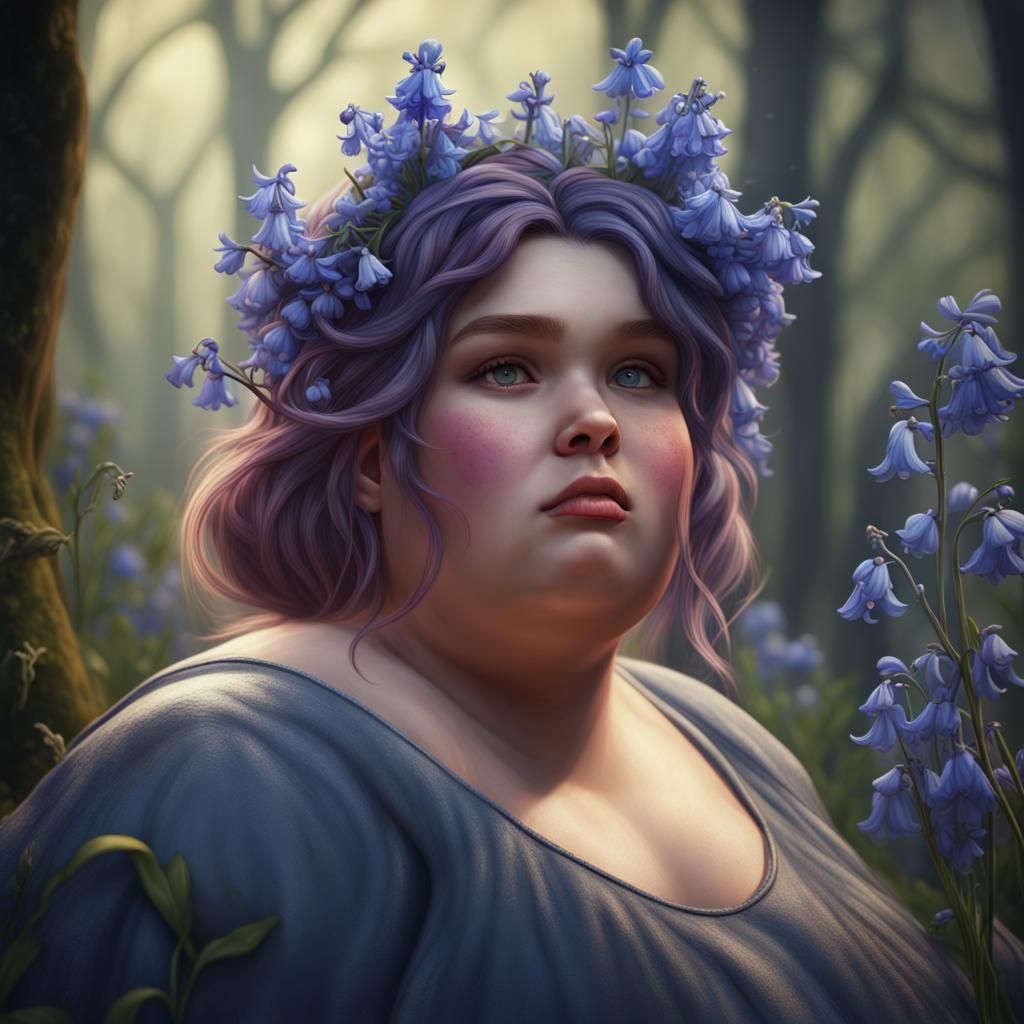 Obese Girl with Bluebells: Detailed Fantasy Art