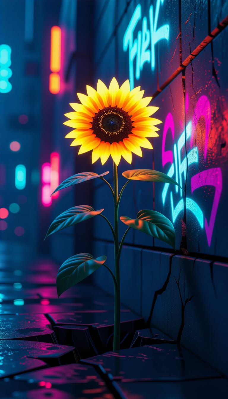 Cyberpunk Sunflower Radiating Bioluminescent Energy