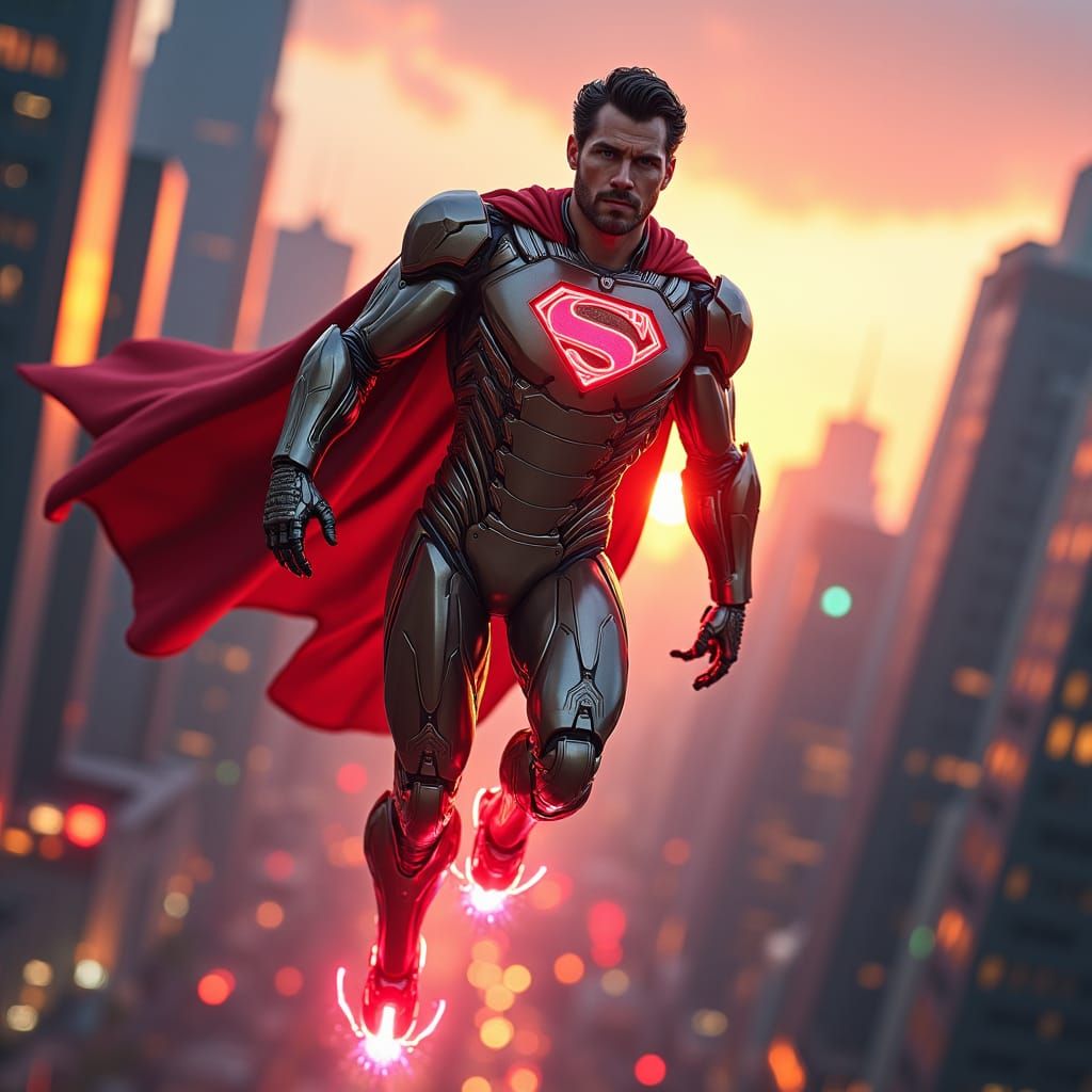 Superman Iron Man Hybrid Soaring Through Metropolis