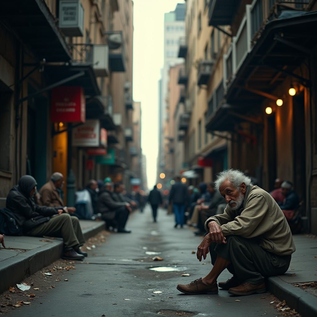 Gritty Urban Landscape with Homeless Individuals