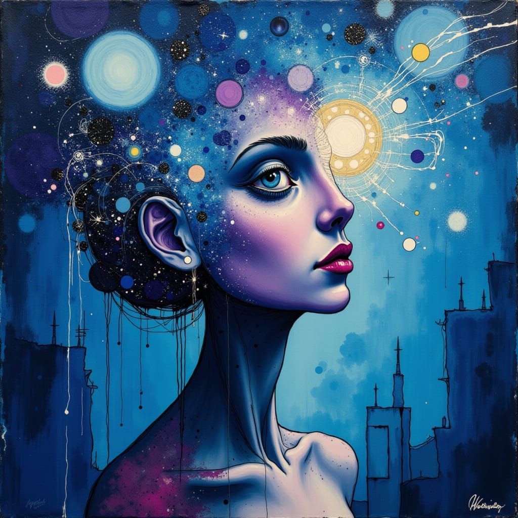 Surreal Portrait with Galaxy Face and Cosmic Trails