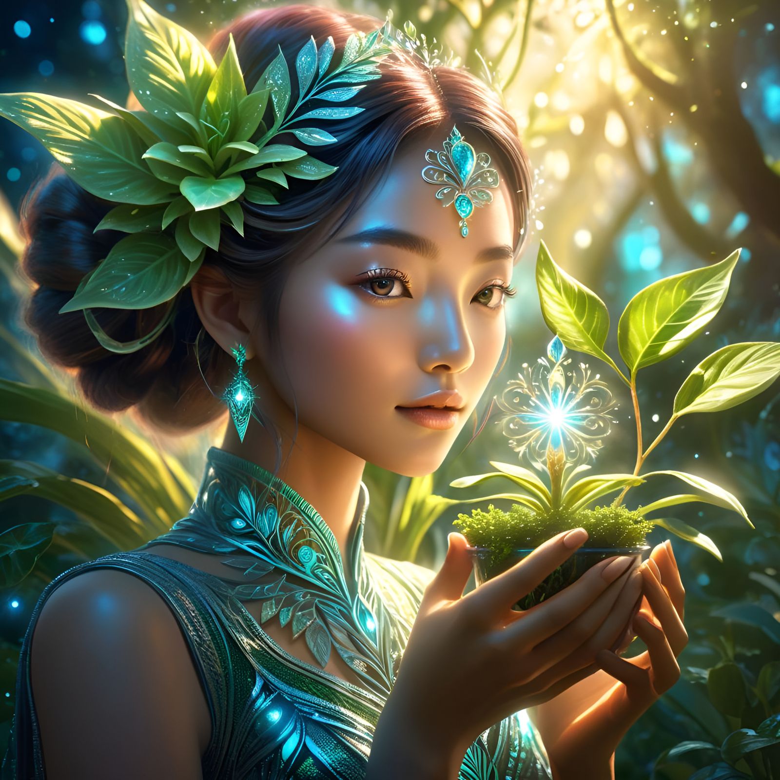 Girl Nurturing Magical Plant in Hyperdetailed HDR Image