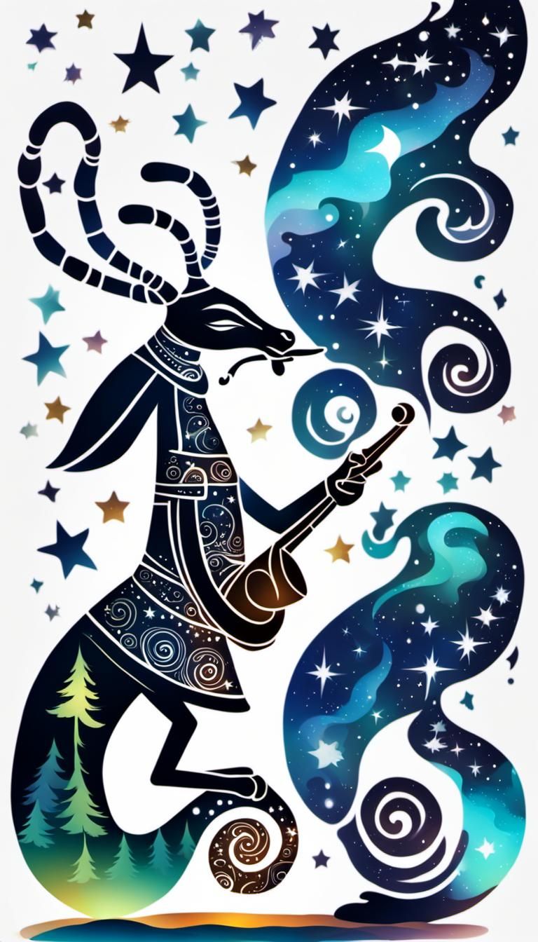 Kokopelli smoking a wizard pipe under the stars,  illustration shadow depth twilight aurora hyperdetailed intricate fant...
