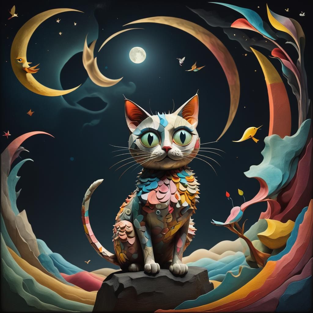 Dreamscape: Cat, Bird, Moon, and Flowing Colors