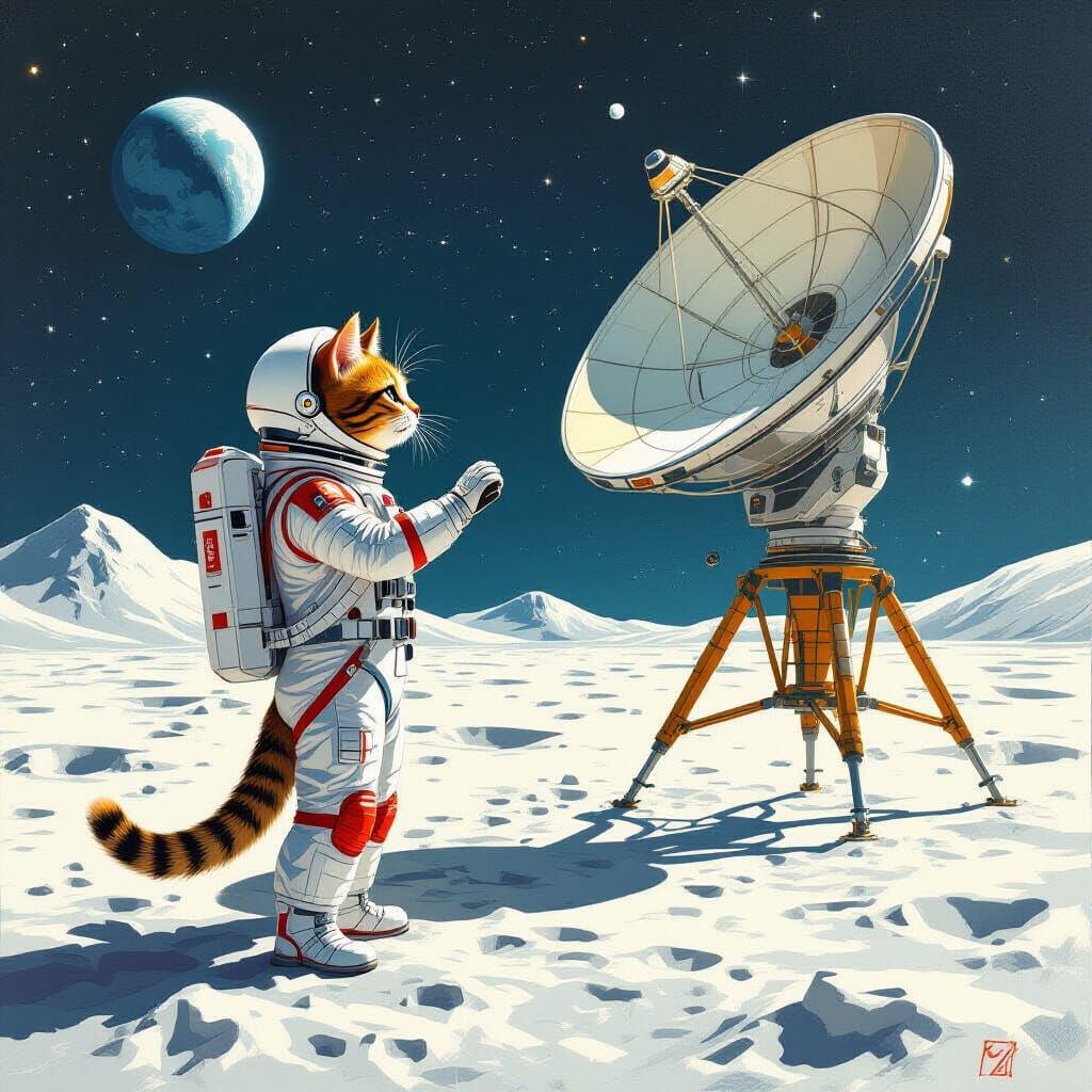 Lunar Cat Communicating with Earth in Retro-Futuristic Style