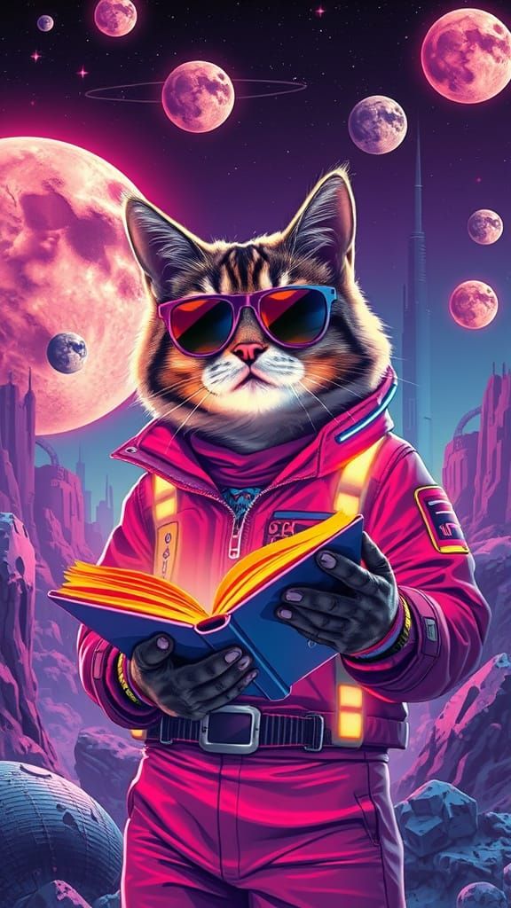 Space Cat Reads Book in 80s Synthwave Style