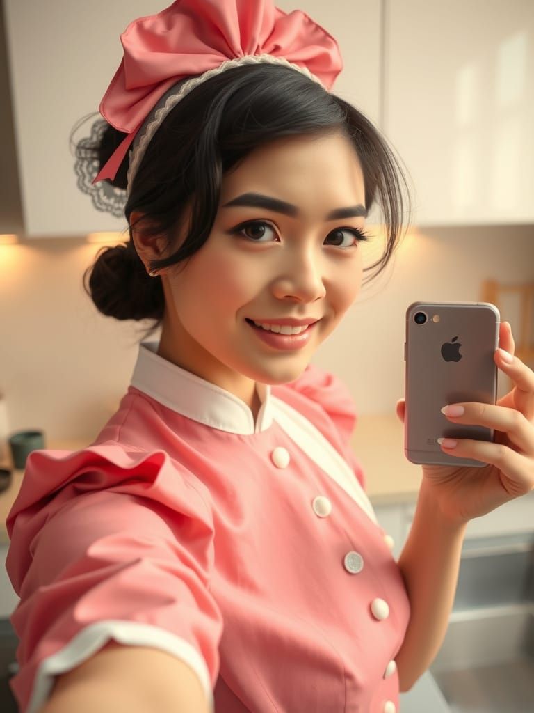 Asian Maid Takes Selfie in Modern Kitchen