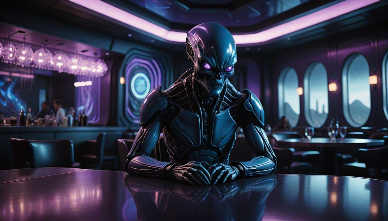 Ethereal Alien in a Futuristic Dining Scene