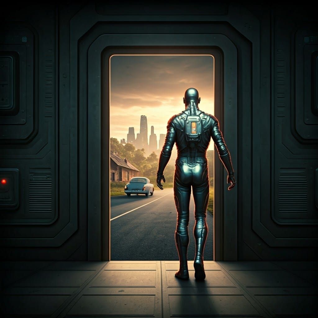 Cyberpunk Man at Threshold of Futuristic City