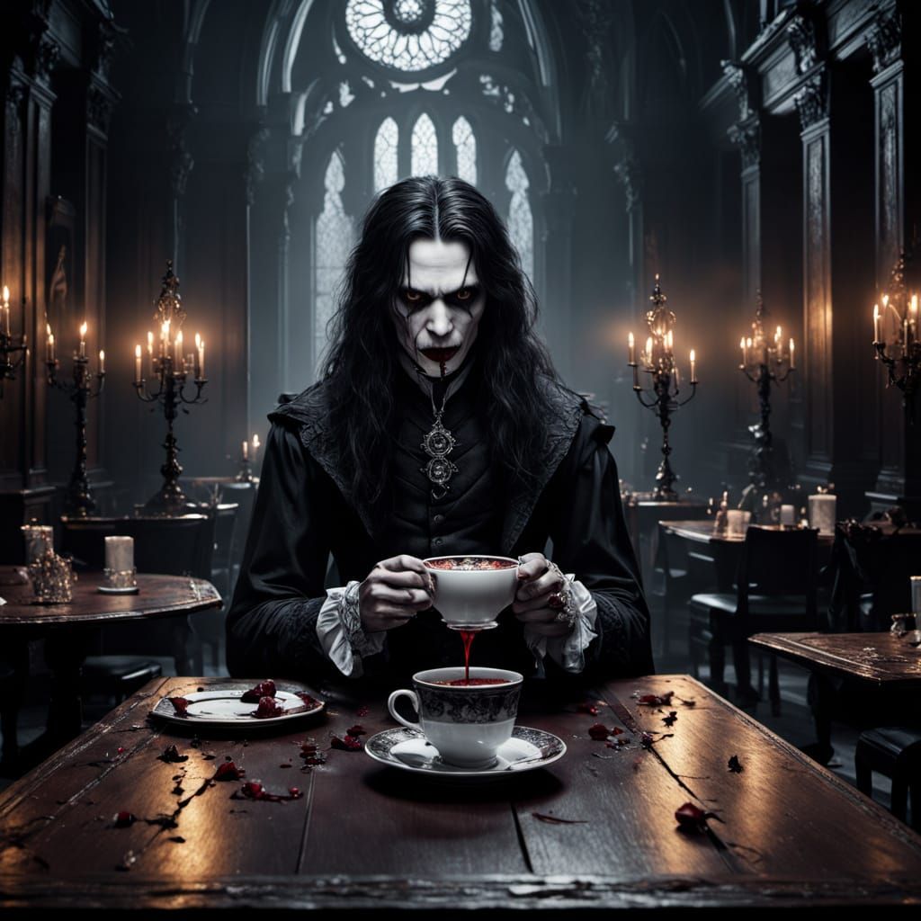 Vampire Sips Luxury Blood in Gothic Café