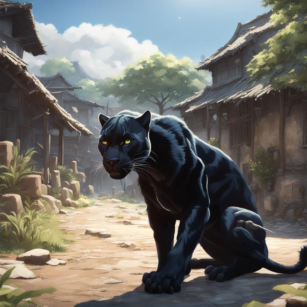 Black Panther in Old Village: 3D Anime Art