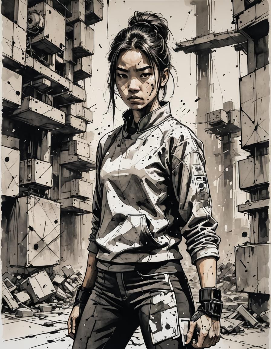 Girl in Kung-Fu Stance: Contour Ink Drawing