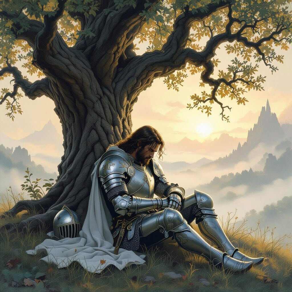 Sir Galahad Ponders Battle in Ethereal Fantasy Landscape
