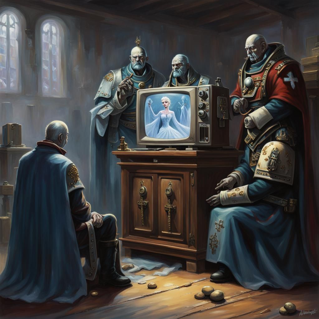 Tech Priests Blessing a Frozen Television, Gothic Art