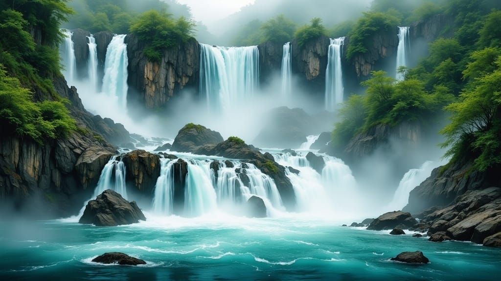 Lush Waterfall Landscape in Water-Ink Style