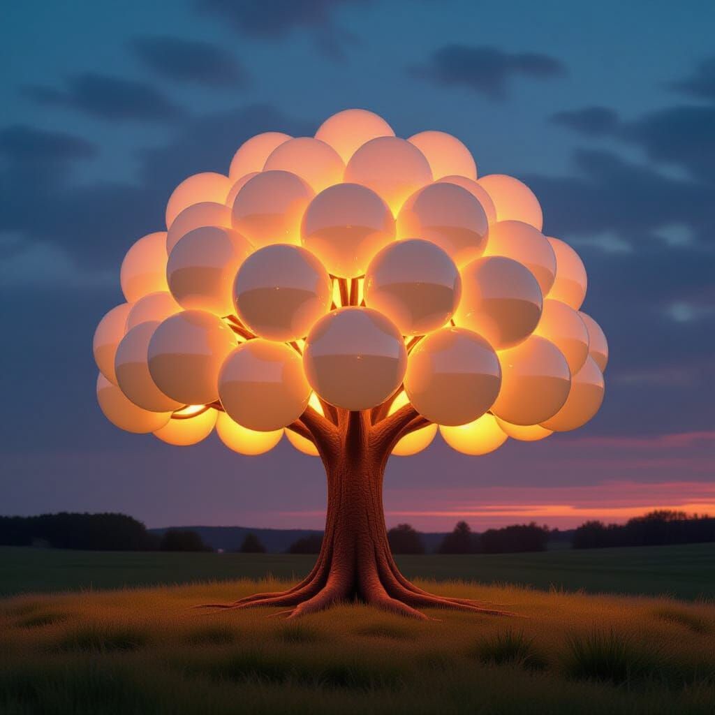 Iridescent Bubble Tree Under Dreamy Sky